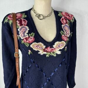 Vintage 90s Jantzen Grandmacore Grandma Rose V-Neck Embroidered Sweater Medium
